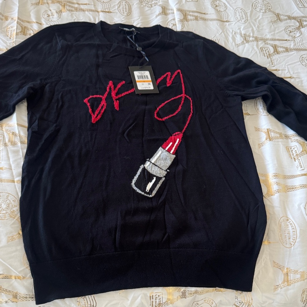 DKNY Black Sweater with Red and Silver Lipstick Design